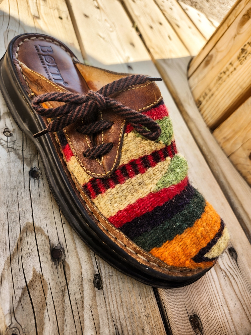 Born Handmade Leather Wool Blanket Mules Clogs Women's Size 7 Boho Artisan - Picture 5 of 9